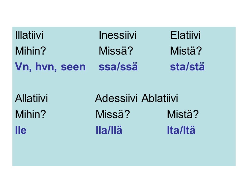 Illatiivi Inessiivi Elatiivi Mihin? Illatiivi Inessiivi Elatiivi Mihin?